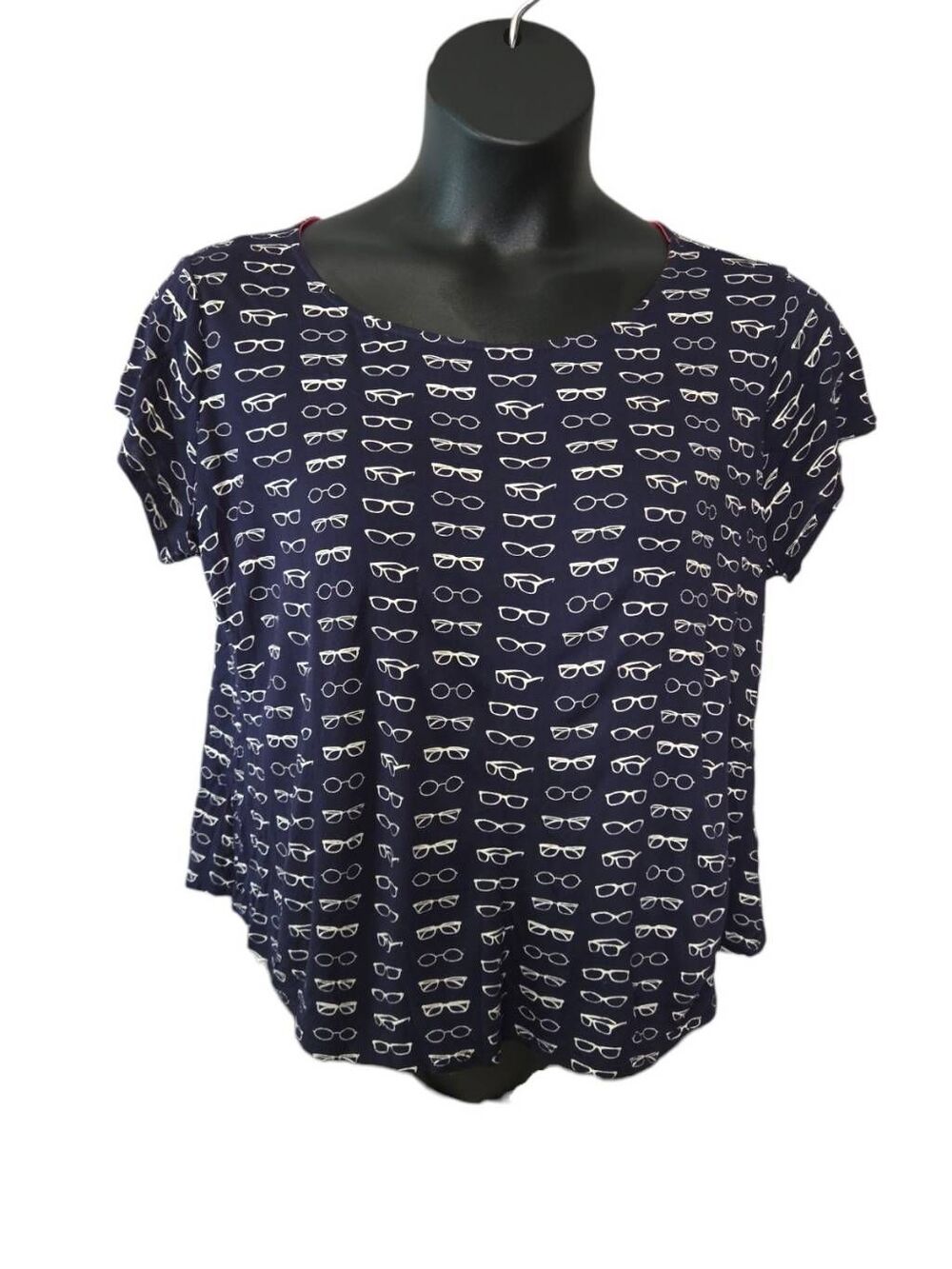 W5 Eyeglasses Print Short Sleeve Top Navy Blue Size Large Made in USA